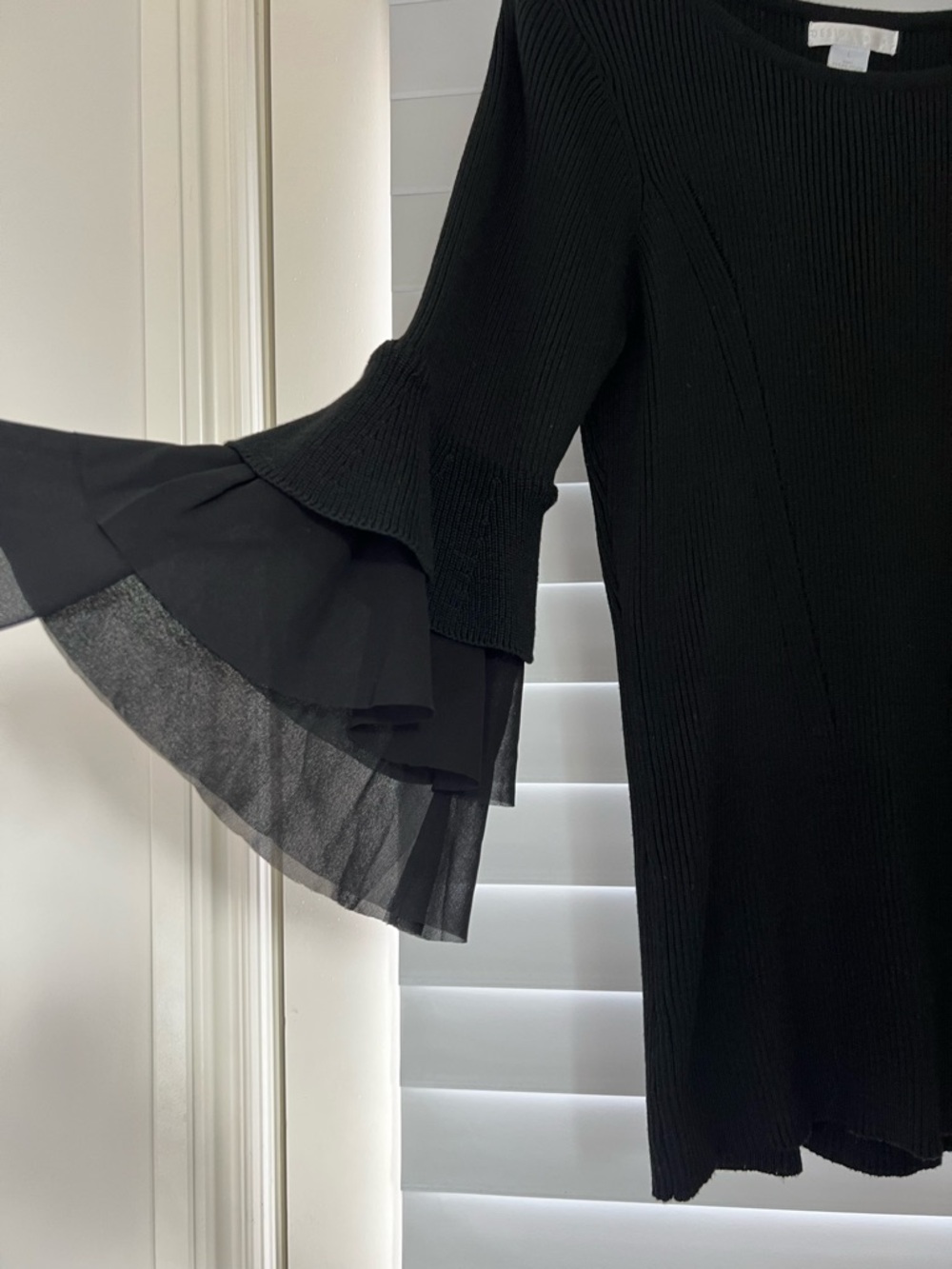 Design History Black Ribbed Knit Dress with Tiered Ruffle Sleeves - Picture 2 of 5